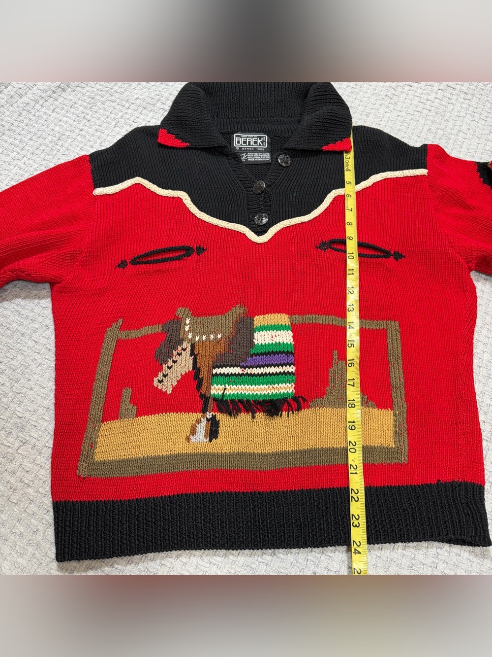 Vintage 80’s Berek Label Cowboy Rodeo Western Hand Knit Sweater Red Black Medium - Picture 14 of 15